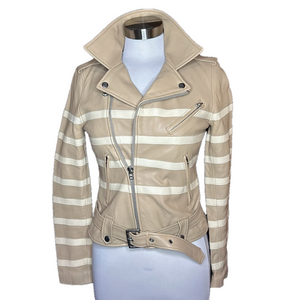 Each x Other Paris Women's Tan Striped Leather Moto Jacket Size M - EUC